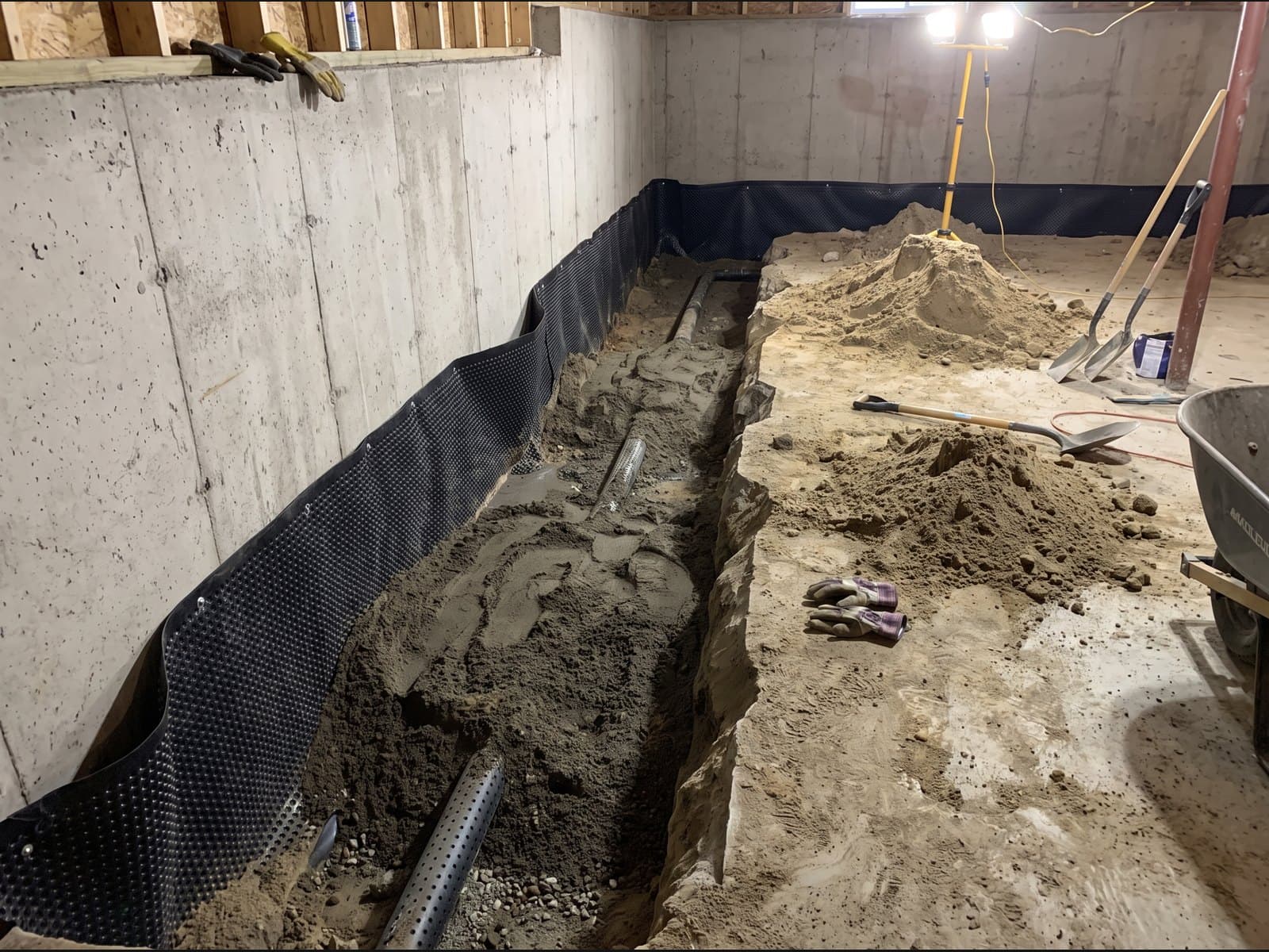 Interior dimpled membrane during Wasaga Beach waterproofing